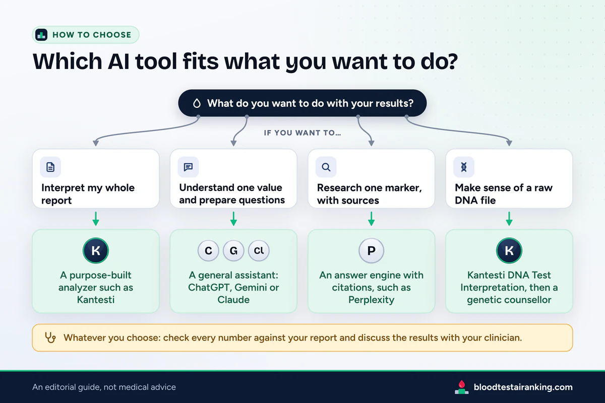 Decision guide from four goals to an AI tool: Kantesti, a general assistant, Perplexity or a DNA interpretation